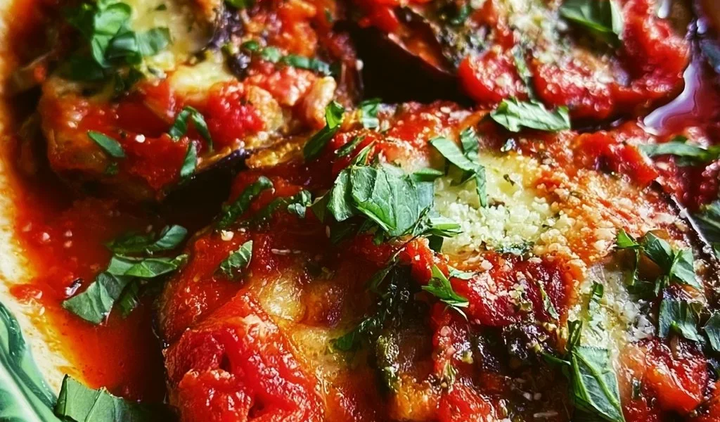 Melanzane alla Pizzaiola servite con pomodoro e spezie.