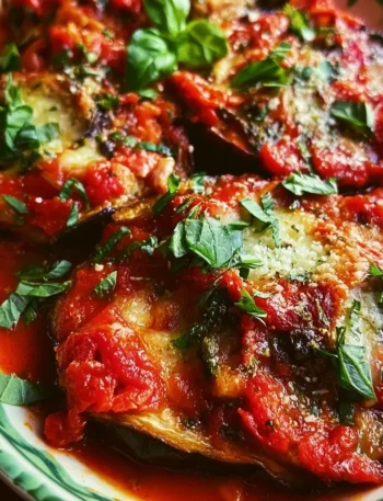 Melanzane alla Pizzaiola servite con pomodoro e spezie.