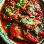 Piatto di melanzane alla pizzaiola con salsa di pomodoro e formaggio fondente