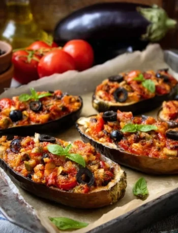 Melanzane ripiene al forno facili e gustose pronte da servire.