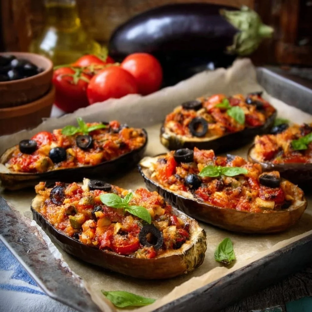 Melanzane ripiene al forno facili e gustose pronte da servire.
