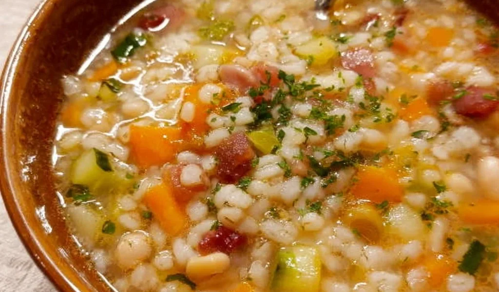 Piatti di minestrone d'orzo con verdure fresche in un pentolone