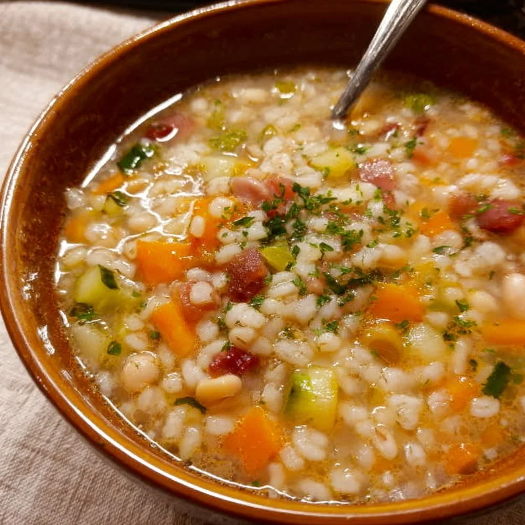 Piatti di minestrone d'orzo con verdure fresche in un pentolone