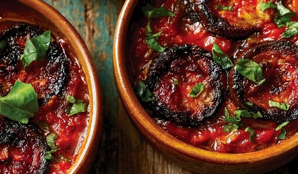 Mini parmigiane di melanzane appena sfornate con pomodoro e mozzarella