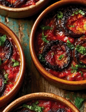 Mini parmigiane di melanzane appena sfornate con pomodoro e mozzarella