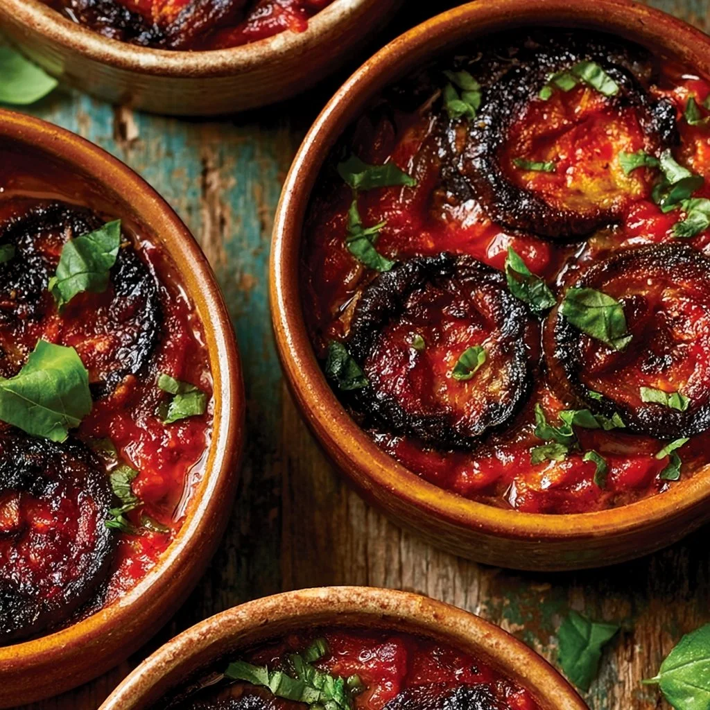 Mini parmigiane di melanzane appena sfornate con pomodoro e mozzarella