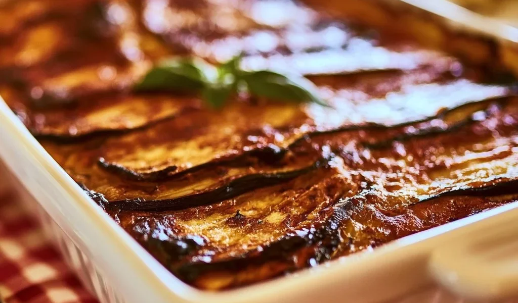 Deliziosa Parmigiana di Melanzane Bianca con strati di melanzane e mozzarella.