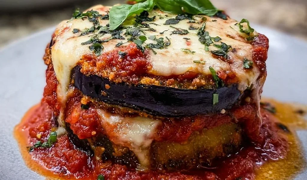 Saporita Parmigiana di melanzane preparata con formaggio e pomodoro.