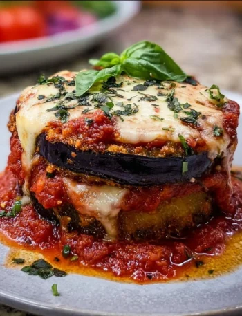 Saporita Parmigiana di melanzane preparata con formaggio e pomodoro.