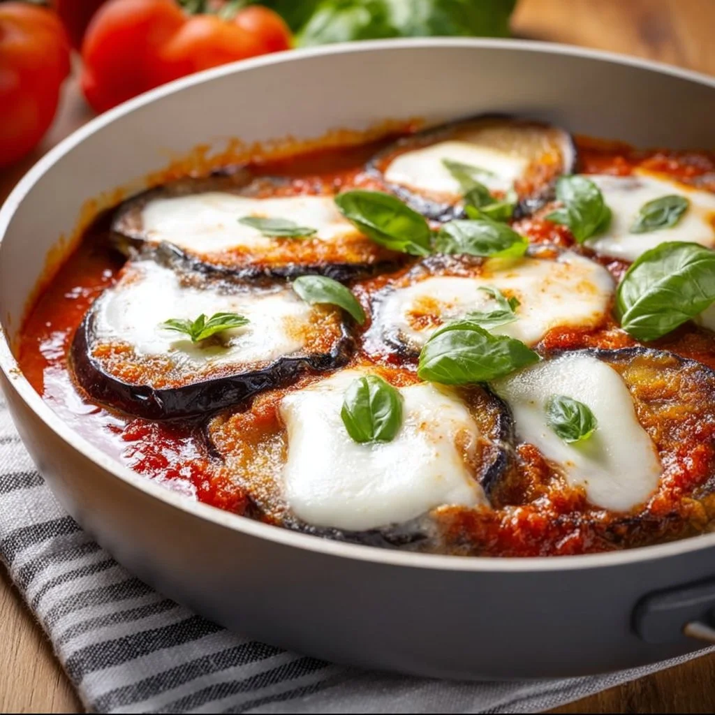 Parmigiana in Padella: piatto saporito e veloce con melanzane e pomodoro.