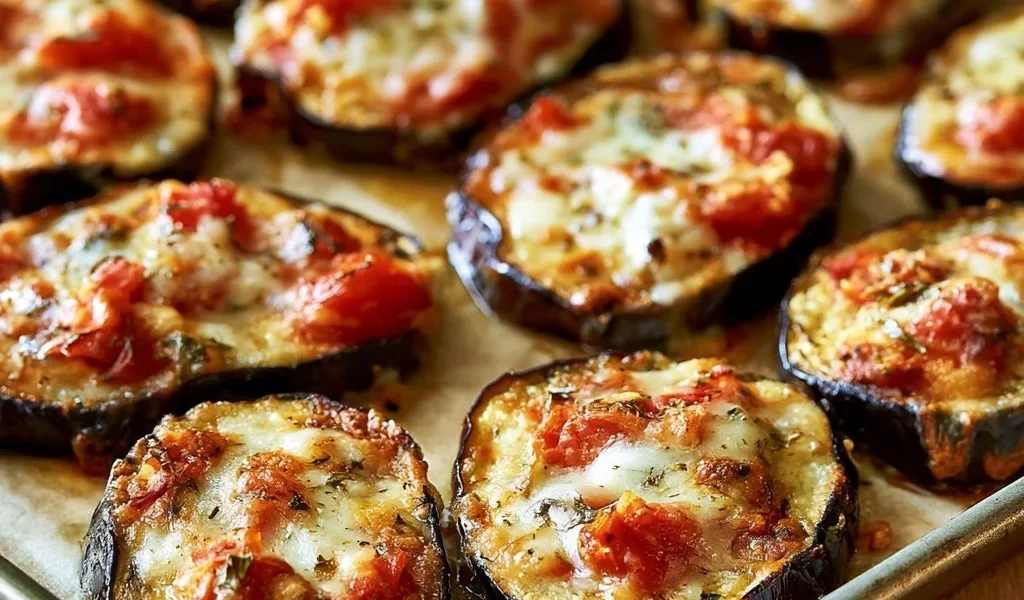 Pizzette di melanzane con pomodorini freschi e mozzarella filante