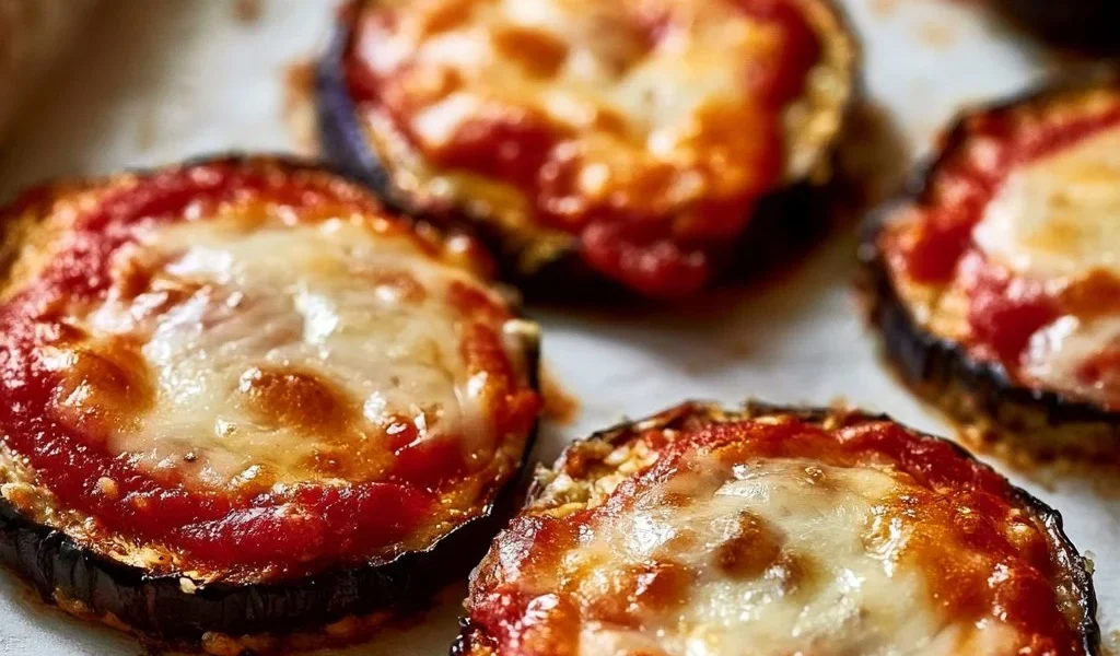 Pizzette di melanzane leggere e saporite su un piatto decorativo