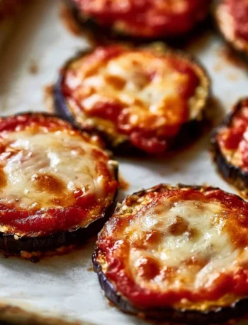 Pizzette di melanzane leggere e saporite su un piatto decorativo