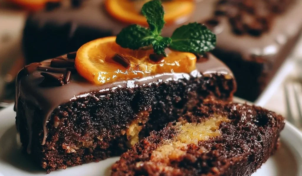 Poke cake cioccolato e arancia decorato con cioccolato fondente e arance fresche