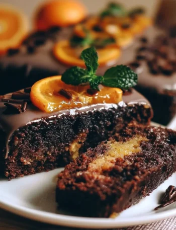 Poke cake cioccolato e arancia decorato con cioccolato fondente e arance fresche