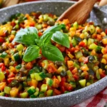 Ratatouille di verdure in padella con ingredienti freschi e colorati