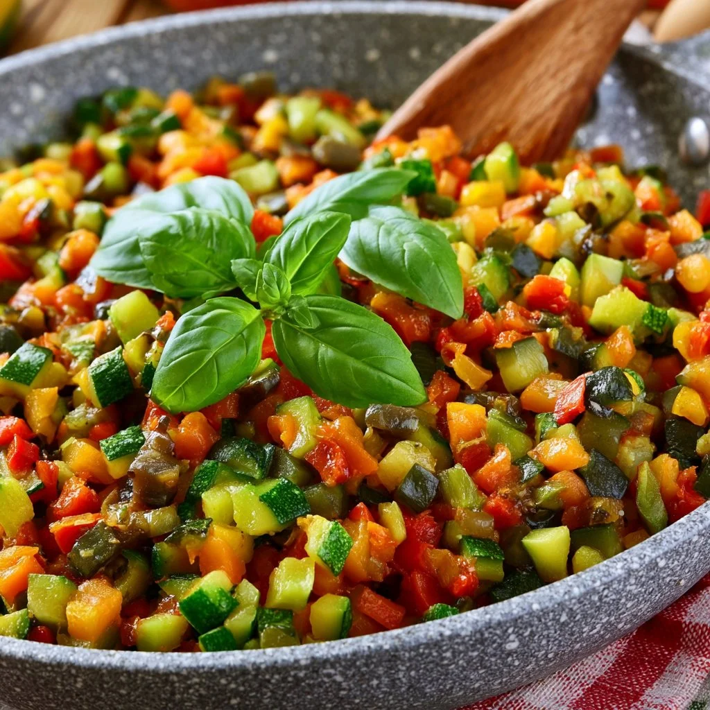 Ratatouille di verdure in padella con ingredienti freschi e colorati