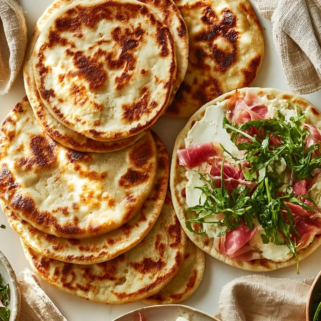 Piadina fatta in casa con formaggio e erbe, ricetta di pane italiano.