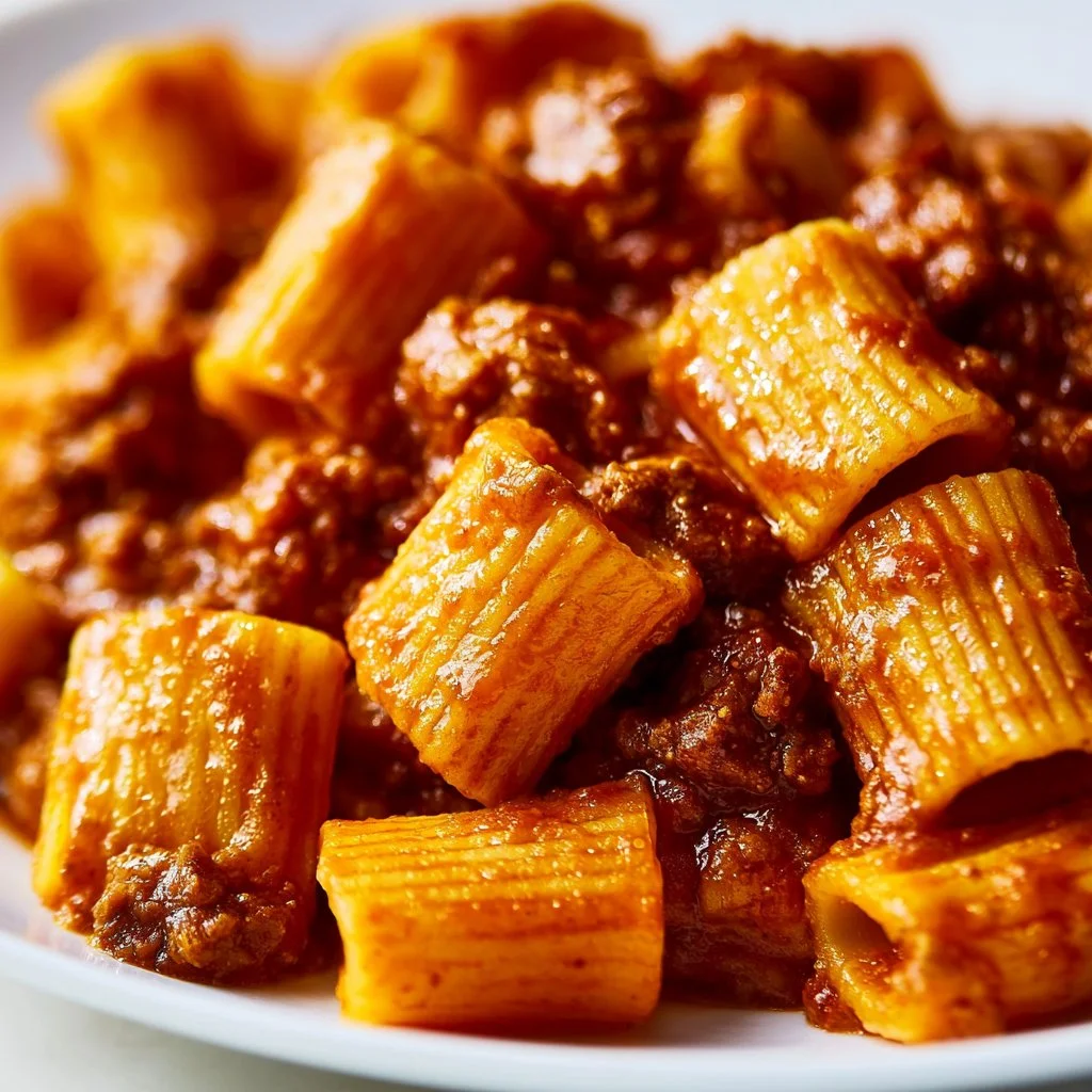 Piatto di Rigatoni alla sorrentina con sugo e formaggio filante