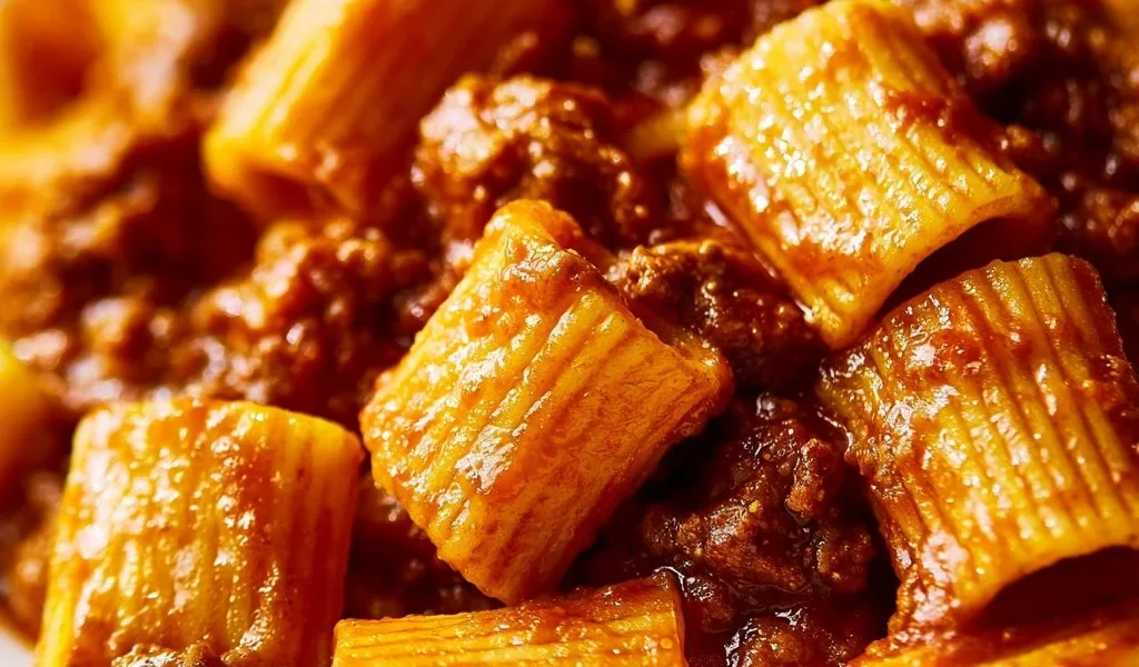 Piatto di Rigatoni alla Sorrentina con salsa di pomodoro e mozzarella fusa