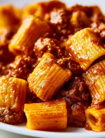 Piatto di Rigatoni alla Sorrentina con salsa di pomodoro e mozzarella fusa