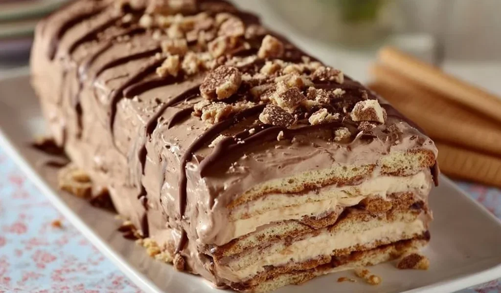 Semifreddo alla nutella e wafer decorato con cioccolato e wafer croccanti