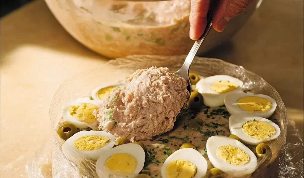 Sformato freddo di patate con tonno e maionese servito in un piatto