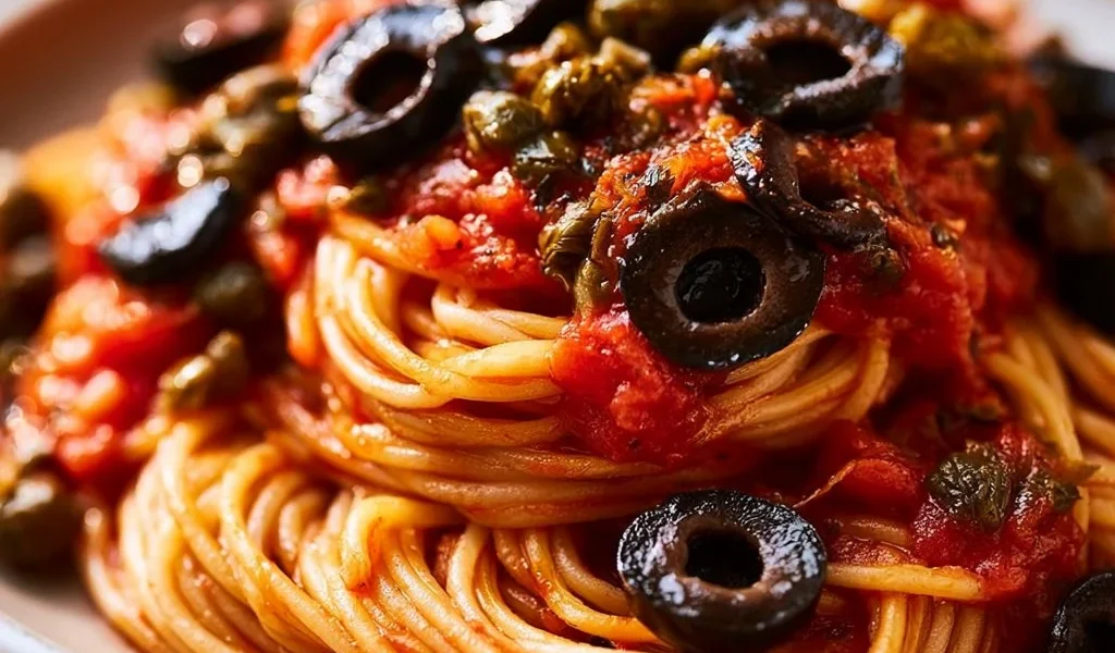 Piatto di spaghetti alla puttanesca con pomodoro, olive e capperi