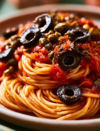 Piatto di spaghetti alla puttanesca con pomodoro, olive e capperi