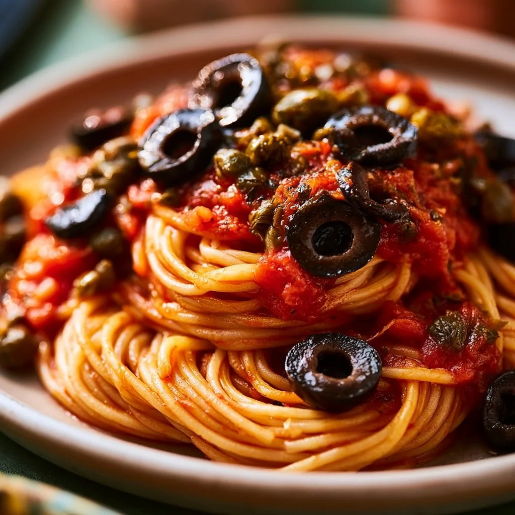 Piatto di spaghetti alla puttanesca con pomodoro, olive e capperi