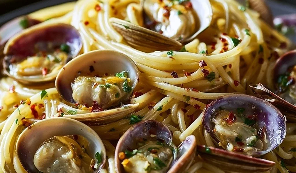Piatto di spaghetti alle vongole con pomodorini e prezzemolo fresco