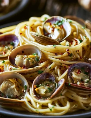 Piatto di Spaghetti alle Vongole con frutti di mare freschi