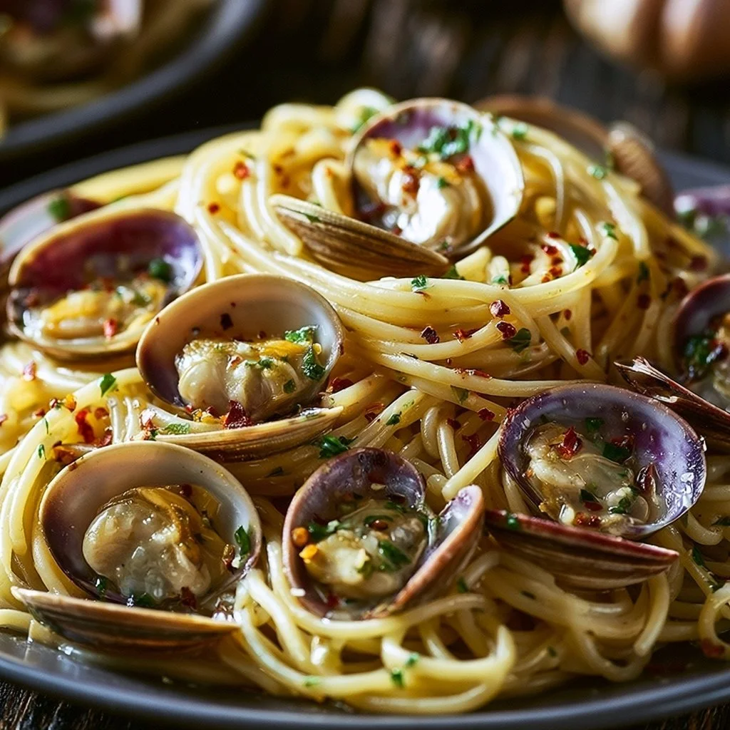 Piatto di Spaghetti alle Vongole con frutti di mare freschi