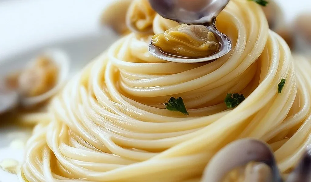 Piatto di Spaghetti alle Vongole con vongole fresche e condimento aromatico