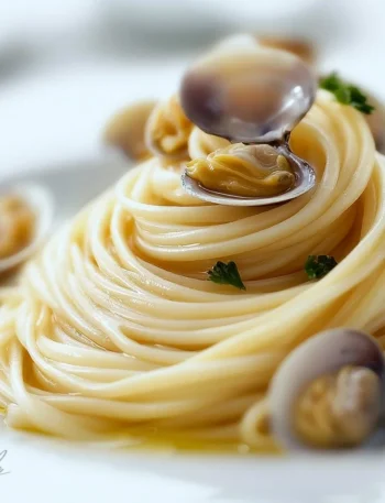 Piatto di Spaghetti alle Vongole con vongole fresche e condimento aromatico