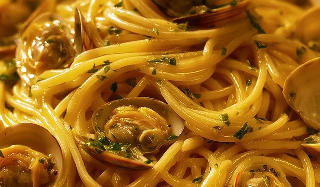 Spaghetti cremosi alle vongole veraci in un piatto elegante