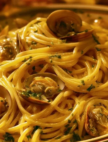 Spaghetti cremosi alle vongole veraci in un piatto elegante
