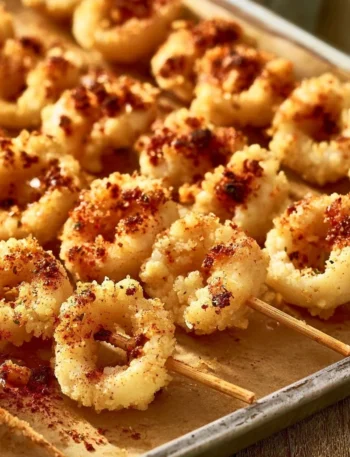 Spiedini di calamari e gamberi grigliati, piatto tipico della cucina italiana.