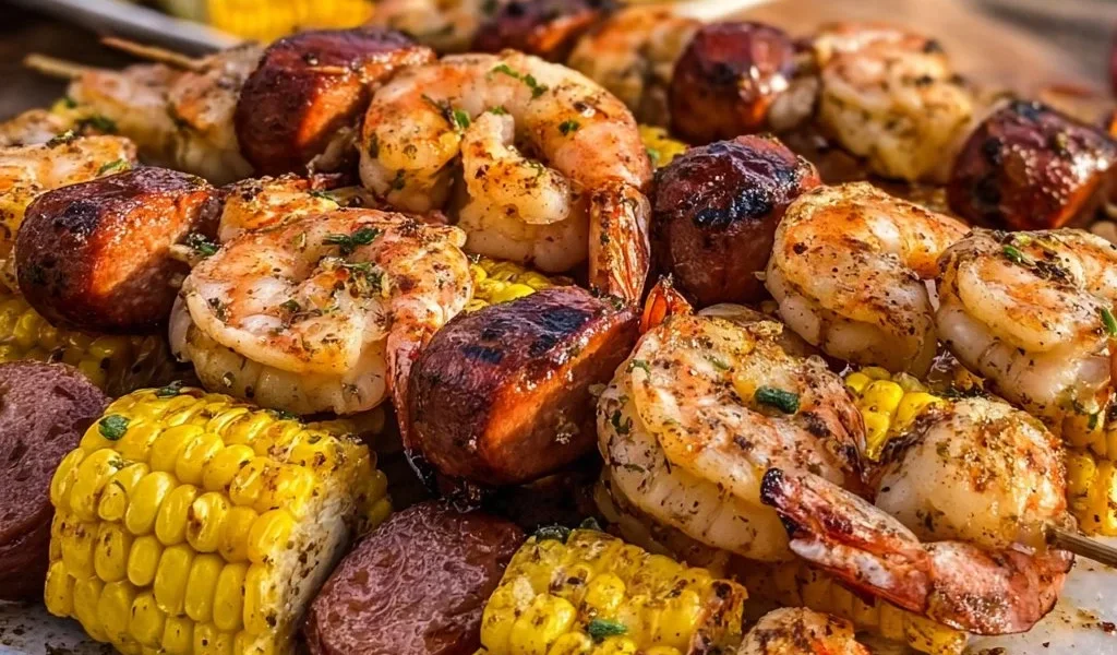 Spiedini di frutti di mare alla griglia su un piatto con contorni freschi