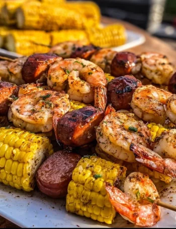 Spiedini di frutti di mare alla griglia su un piatto con contorni freschi