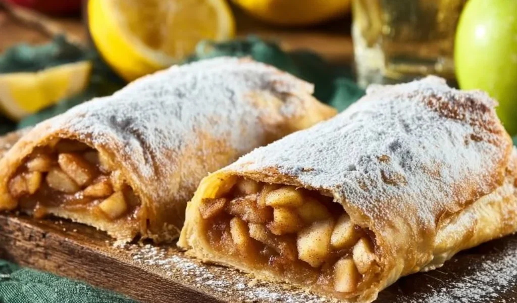 Strudel di mele appena sfornato con una crosta dorata e ripieno di mele.