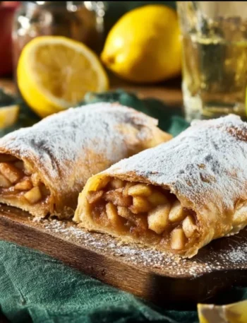Strudel di mele appena sfornato con una crosta dorata e ripieno di mele.