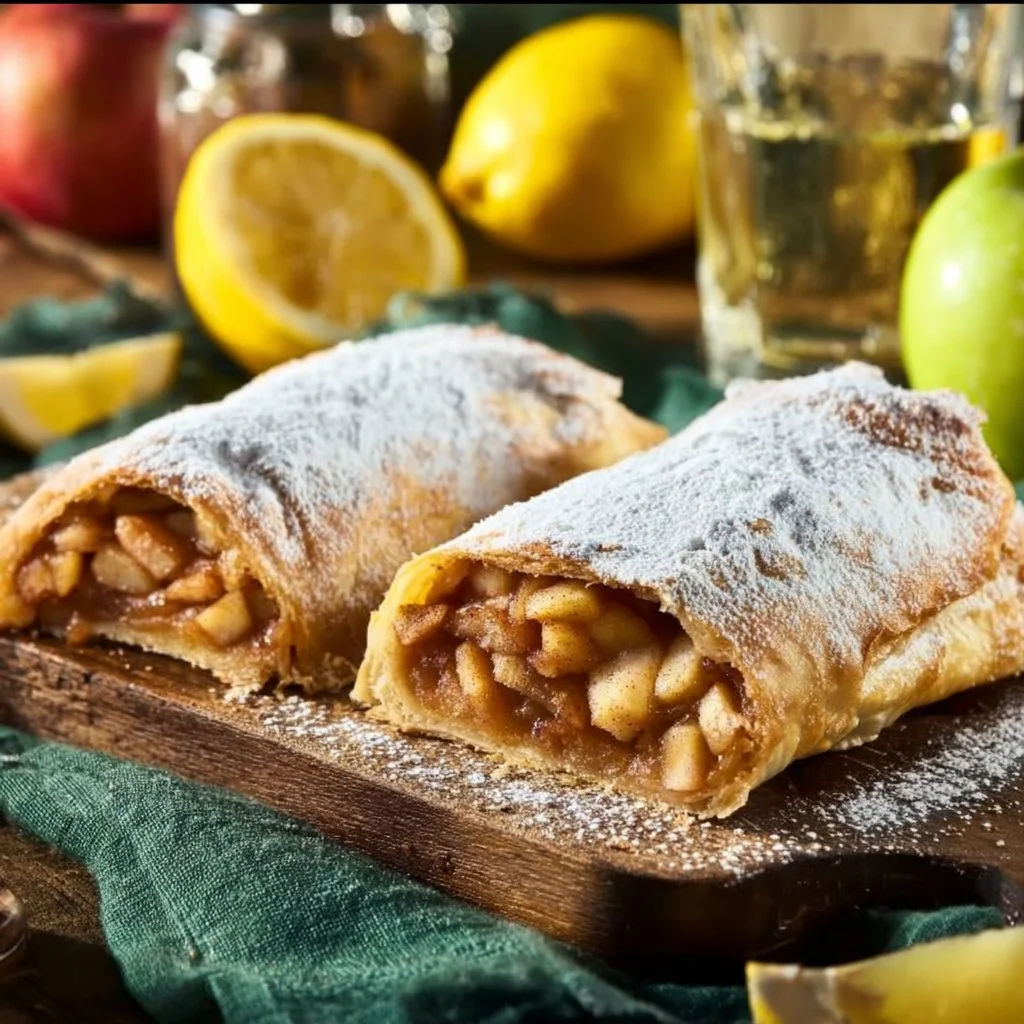 Strudel di mele appena sfornato con una crosta dorata e ripieno di mele.