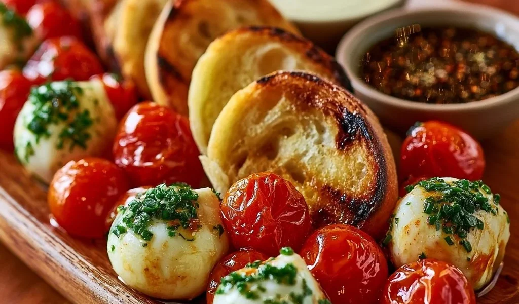 Tavola di tapas con mozzarella e burrata marinata servita su un elegante piatto.