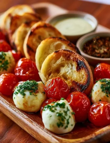 Tavola di tapas con mozzarella e burrata marinata servita su un elegante piatto.