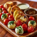 Tavola di tapas con mozzarella e burrata marinata, presentata elegantemente.