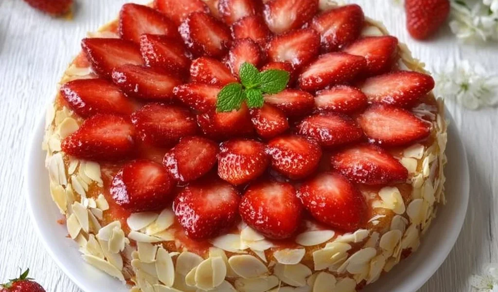 Torta alle fragole con crema chantilly decorata e servita su un piatto