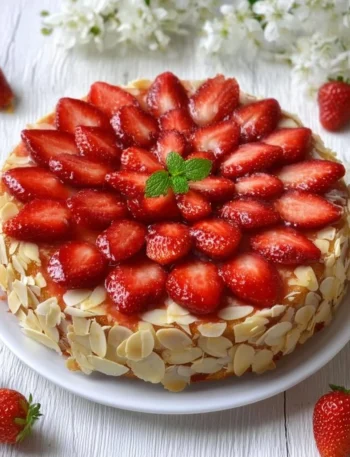 Torta alle fragole con crema chantilly decorata e servita su un piatto