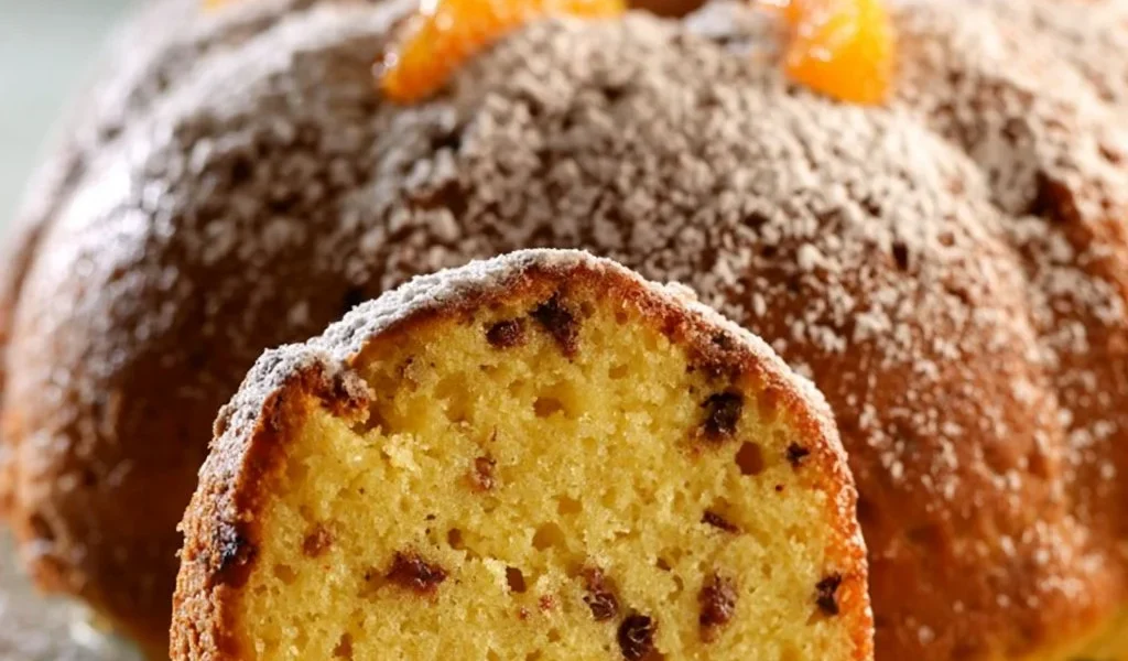 Torta Arancia e Cioccolato Senza Uova servita su un piatto con decorazioni al cioccolato