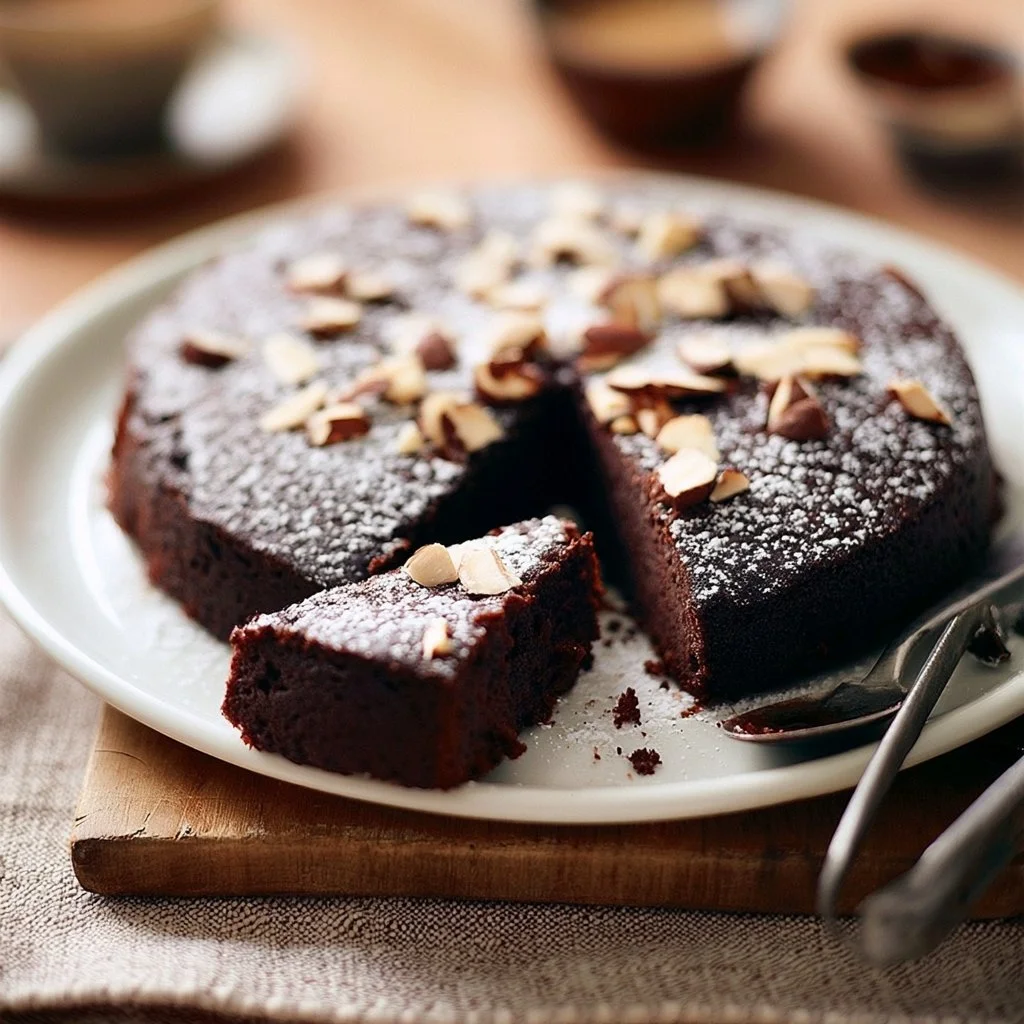 Torta umida al cioccolato fondente e mandorle su piatto decorativo.